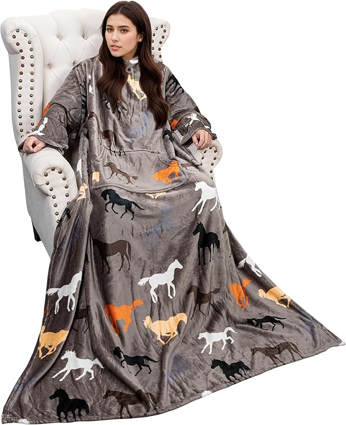 Solaris Wearable Horse Pattern Blanket with Sleeves, Super Soft Warm Snuggy Body TV Throw Blanket for Home Office Lounge, Horse Gift for Adult Women Men