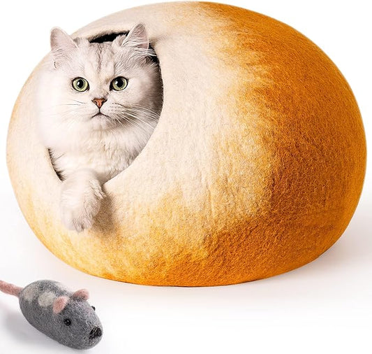 Cat Cave Bed -Handmade Wool Cat Bed Cave, Cat Bed Cat House, Felt Cat Caves for Indoor Cats and Kittens(Yellow/White)