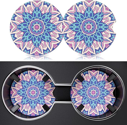 2 Pack Car Cup Holder Coasters, 2.63 inch Anti Slip Insert Absorbent Ceramic Coasters with Cork Base and Finger Notch, Cute Car Accessories Interior for Women