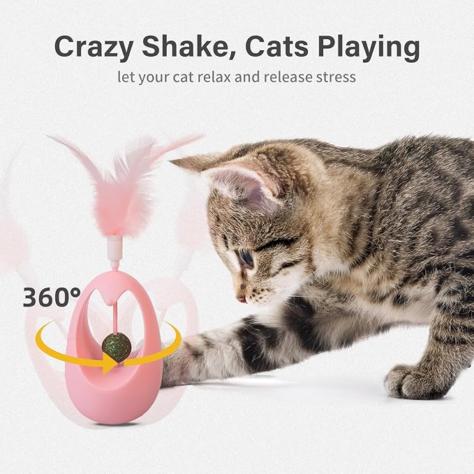 Catnip Toys for Cats with Feathers Tumbler Cat Toy with Edible Catnip Balls, Interactive Funny Toy Kitten Indoor Exercise/Plaything for All Breeds - Pink