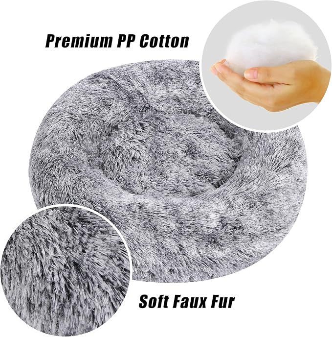 Calming Dog Bed, Dog Beds Fits up to 15 lbs Pets, Fluffy Donut Dog & Cat Bed Washable, Round Anti Anxiety Dog Bed, Small Dog Bed with Non-Slip Bottom (Grey White, 20" x 20")