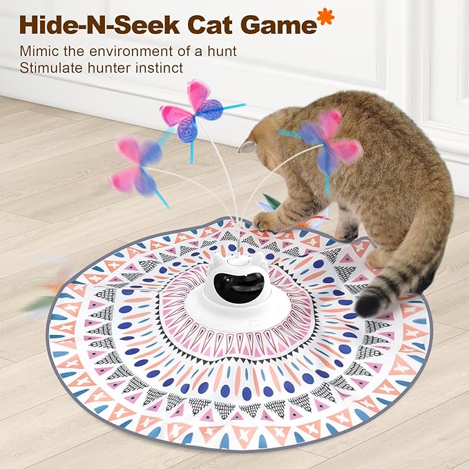 Cat Toys Interactive Rechargeable 2in1 Hide and Seek Cat Wand Toy, Spinning Butterfly Touch Activated Kitten Toys for Bored Indoor Cat Exercise Toy for Senior Cats, Adult Cats