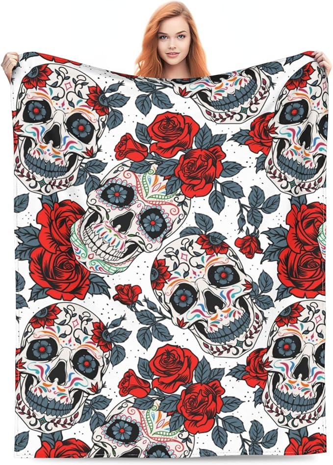 Ultra-Soft Microfiber Throw Blanket 330 GSM Fuzzy Fleece Blanket for Adults Kids Gift Couch, Sofa, Bed Skull Rose 80"x60"