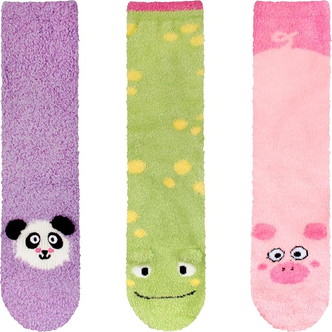BambooMN Super Soft Warm Cute Animal Face Non-Slip Fuzzy Crew Winter Home Socks, Value Pack
