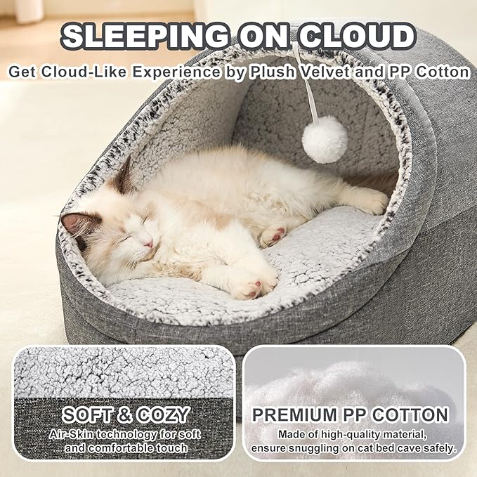 Jiupety Cute Cat Beds for Indoor Cats, Cat Cave Bed and Kitten Bed, Burrowing Cat Bed & Puppy Bed with Anti-Slip Bottom, Washable Removable Cushion, L(19"x17"x16"), Dark Gray.