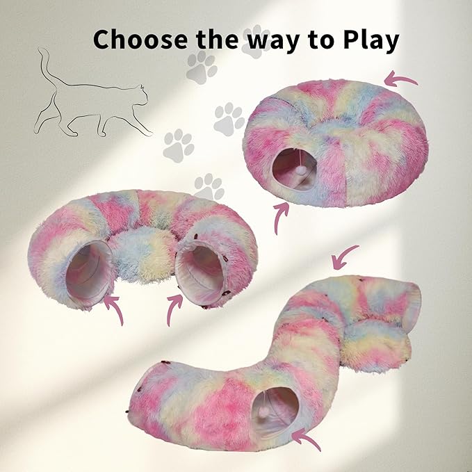 Cat Tunnel Bed for Indoor Cats with Washable Cushion Cat Cave Donut Tunnel with Fluffy Ball Big Round Tube Pet Playground Toys Soft Plush Peekaboo for Kitten, Cat, Puppy, Rabbit, Ferret