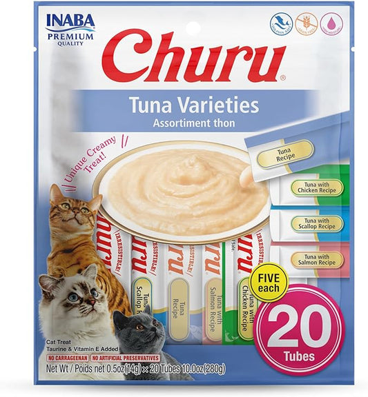 INABA Churu Cat Treats, Lickable, Squeezable Creamy Purée Cat Treat with Green Tea Extract & Taurine, 0.5 Ounces Each Tube, 20 Tubes, Chicken Variety