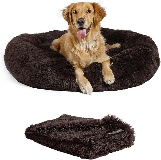 Best Friends by Sheri Bundle Set The Original Calming Shag Donut Cuddler Cat and Dog Bed + Pet Throw Blanket Dark Chocolate Extra Large 45" x 45"