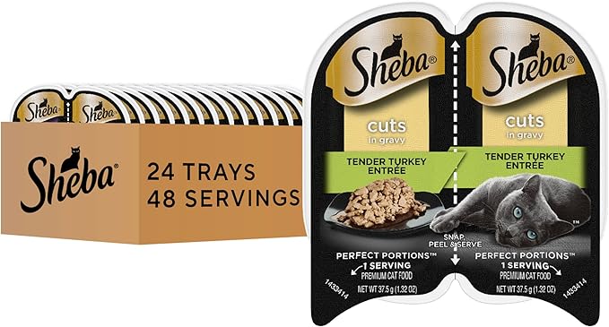 Sheba Perfect Portions Wet Cat Food Cuts in Gravy Tender Turkey Entree, 2.6 oz Twin-Pack Trays (24 Count, 48 Servings)