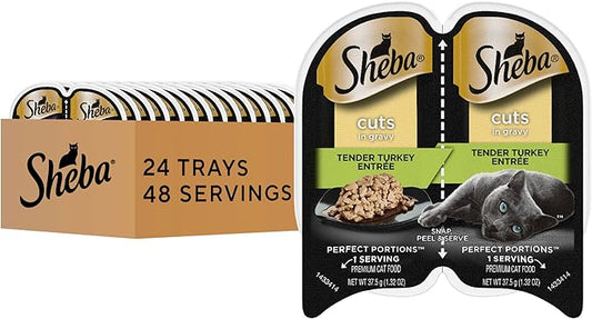 Sheba Perfect Portions Wet Cat Food Cuts in Gravy Tender Turkey Entree, 2.6 oz Twin-Pack Trays (24 Count, 48 Servings)