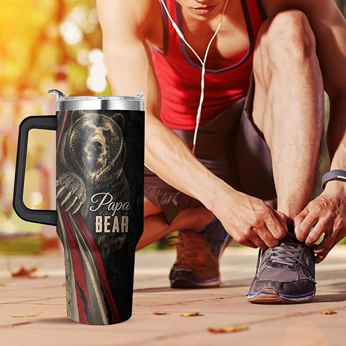 40 Oz Papa Bear Tumbler with Handle and Straw, Double Wall Stainless Steel Cup, 40 Oz Leak Proof Insulated Mug, Bear Gifts for Dad and Fathers Day Gift