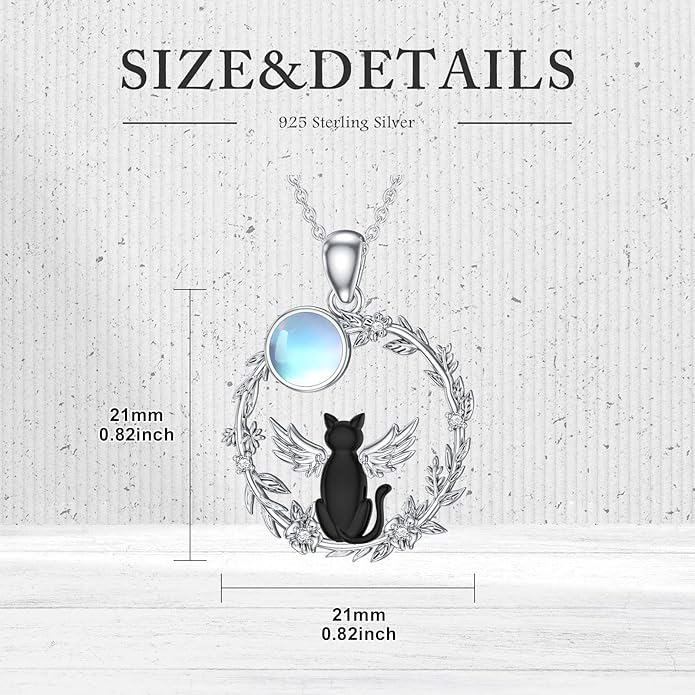 Black Cat Necklace for Women 925 Sterling Silver Moonstone Necklace Cat Pendant Necklaces Ladies Cat Jewelry Birthday Cat Gifts for Mom Cat Lovers