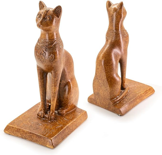 Book Ends Retro Cat Decorative Bookends, Vintage Antique Heavy Duty Egyptian Cat Hold Books Collectors, Black Decor for Office/Shelves/Living Room Father (Wood Grain)