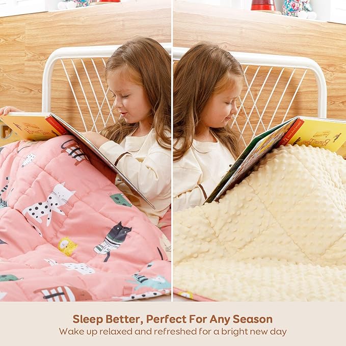 Uttermara Weighted Blanket 3 lbs, Ultra Cozy Minky Fleece and Cotton Sided with Cartoon Patterns, Reversible Heavy Blanket Great for Calming and Sleeping, 36x48 inches, Pink Cat