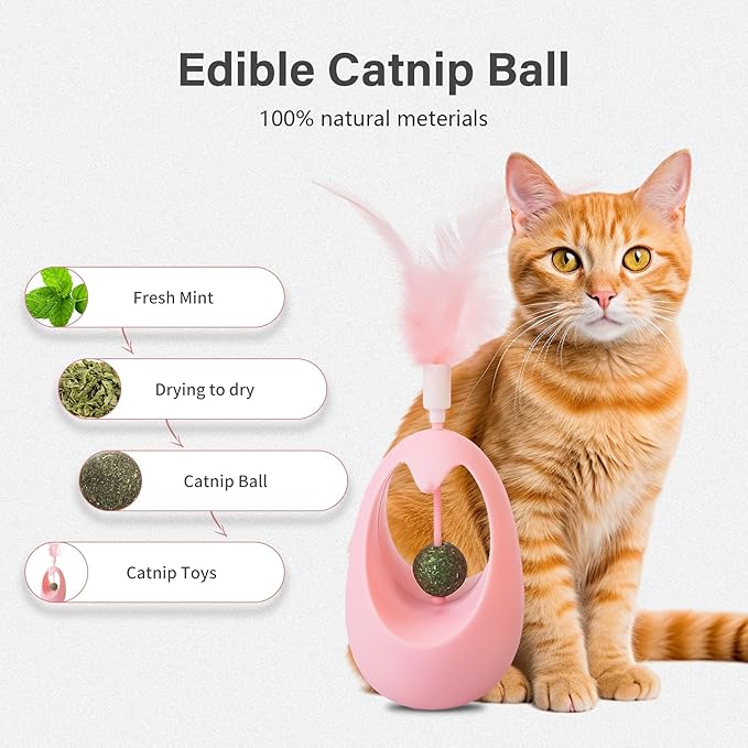 Catnip Toys for Cats with Feathers Tumbler Cat Toy with Edible Catnip Balls, Interactive Funny Toy Kitten Indoor Exercise/Plaything for All Breeds - Pink