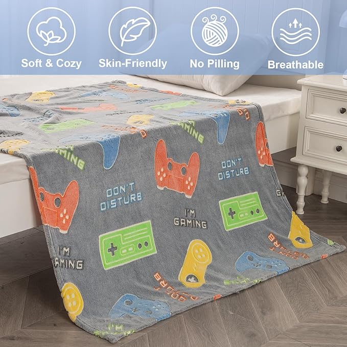 Gaming Blanket Toys Gifts for Boys - Glow in The Dark Game Controller Throw for Kids Age 1-14 Year Old Teens Child Toddler Son Birthday Christmas Valentines Easter Presents Gamer Room Decor 50"x60"