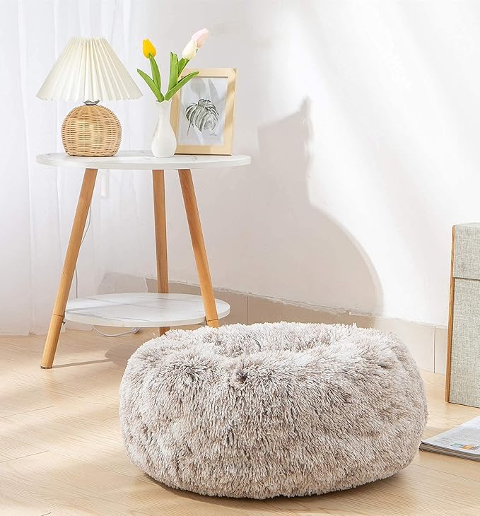 Calming Donut Dog Bed Small, Plush Round Cuddler Dog & Cat Bed, Anit-Anxiety Marshmellow Fluffy Faux Fur Cushion(20", Brown)