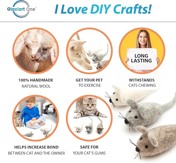 Glaciart One Felt Mouse Cat Toy – 3 Pcs | Soft Fuzzy Enrichment 100% Natural Wool Toy - Interactive Catnip Play Cat Toy Set - Safe for Pets, Non-AZO Colored Dyes