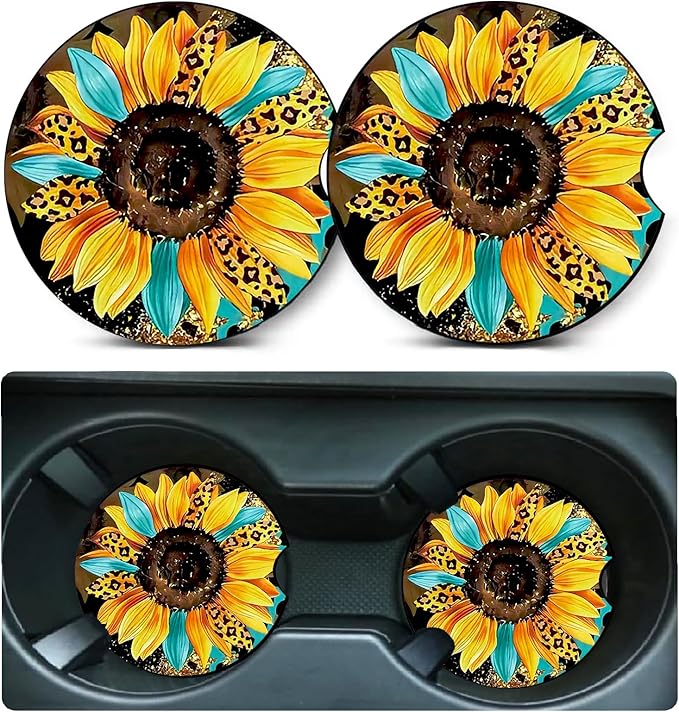 Car Coasters for Cup Holders,2 Pack Sunflowers Leopard Car Cup Holder Coasters,2.75" Universal Size Anti Slip Rubber Mat,Sunflowers Gifts for Women,Mom,Her,Wife,Girlfriend