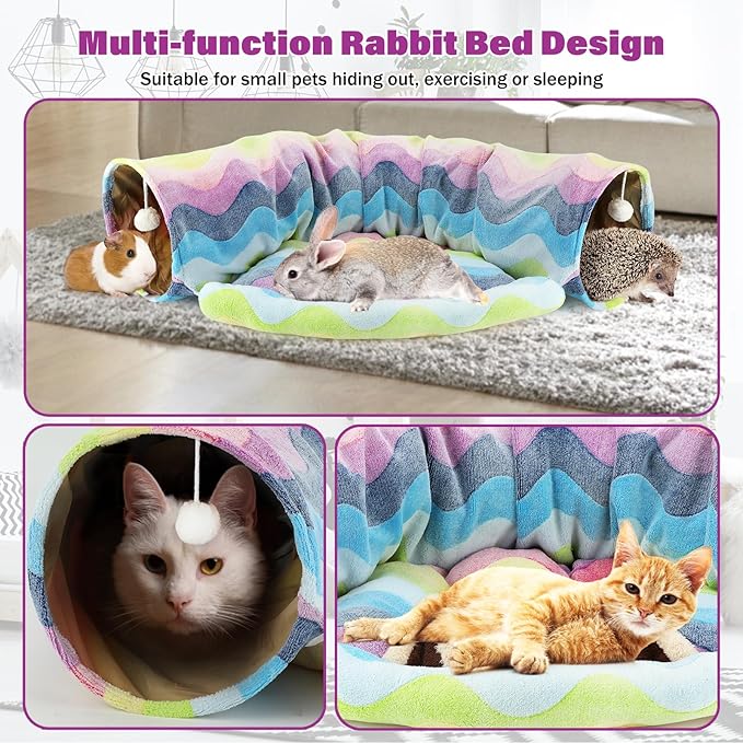 BWOGUE Bunny Tunnel Bed, 2-in-1 Collapsible Tunnel Tubes Toys with Removable Mat Hideout for Cats Kittens Rabbits Guinea Pigs Kitty