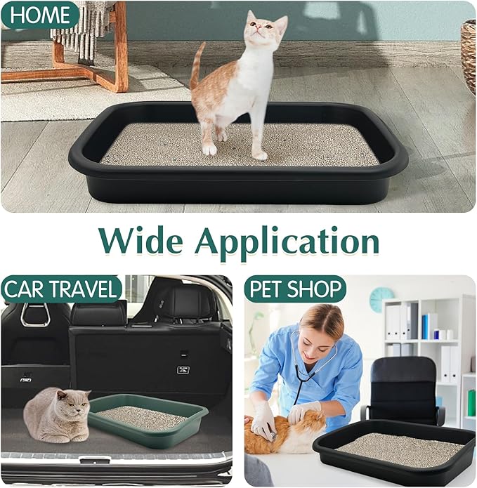 BNOSDM 3 Pcs Large Cat Litter Box Low Entry Litter Box for Senior Cat, Open Top Pet Litter Pan Tray with Scoops for Big Older Elderly Cats or Disabled Senior Cats, Easy to Clean (Dark Green)