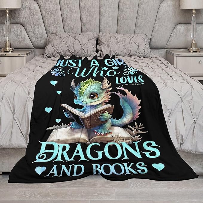 Just A Girl Who Love Dragons and Book Blanket Dragons Gifts for Girls Boys Woman Kids Read Lover Throw Blankets Soft Blanket Warm Fleece Flannel Plush Blankets for Bed Sofa Couch 40"x50"