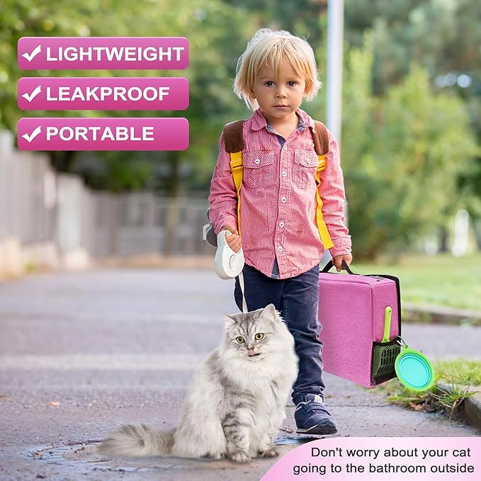 HiCaptain Portable Cat Travel Litter Box with Lid, Collapsible Travel Litter Box for Medium and Large Cats, Leak Proof, Foldable Standard Litter Carrier Box for Traveling - Pink