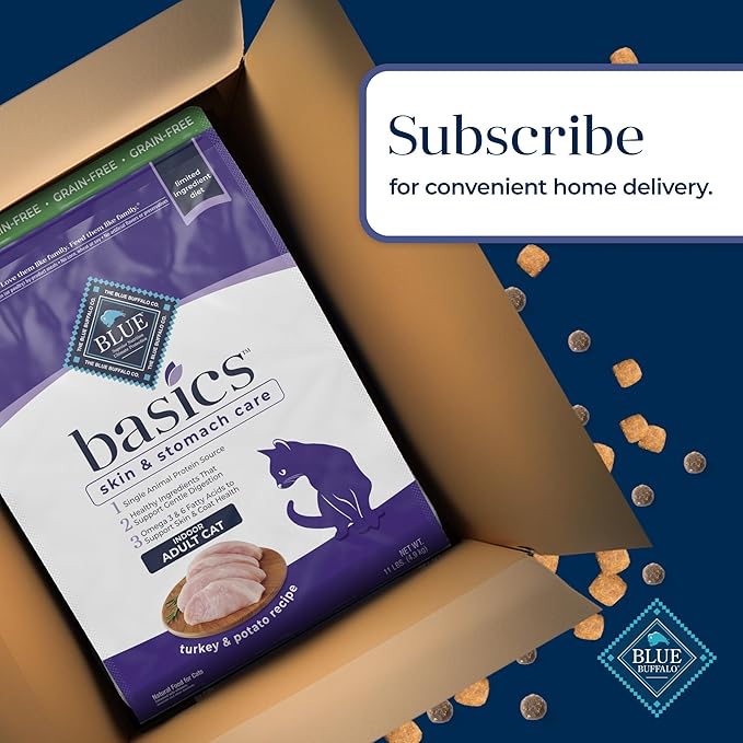 Blue Buffalo Basics Grain-Free Dry Cat Food, Skin & Stomach Care, Limited Ingredient Diet for Indoor Cats, Turkey & Potato Recipe, 11-lb. Bag