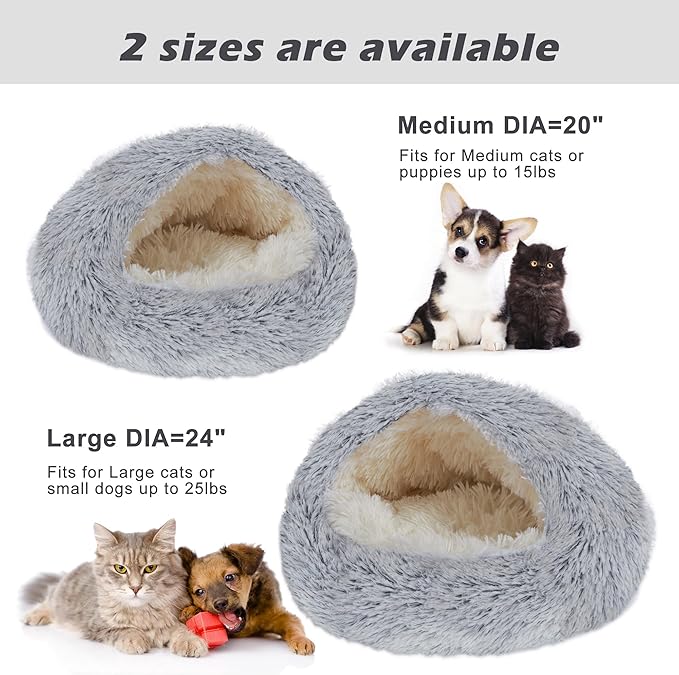 Deblue Soft Cat Beds for Indoor Cats, Round Fluffy Warm Cat Beds with Hooded Cover, Washable Calming Cozy Plush Pet Bed for Anxiety Cats and Puppies - Dia 20"