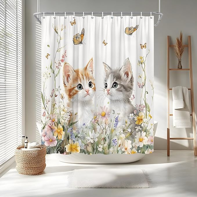 Butterfly and Kitten Floral Shower Curtain Cute Cat Spring Farmhouse Rustic Farm Animal Garden Cats Pet Lover Wildflower Bathroom Curtains Set Polyester Fabric with Hooks 70" W x 70" L