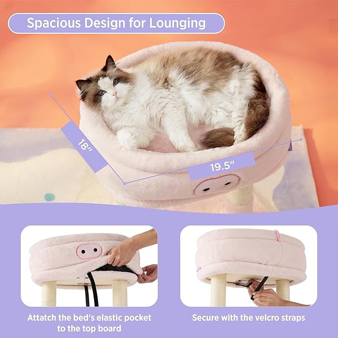 Lesure Cute Cat Tree Tower - Cat Tower with Nature Sisal Scratching Post for Indoor Large Cats and Kittens, Featuring with Soft Removable Cat Bed,Wide Perch, Playful Toy, 22x16.5x22.8in，Pink