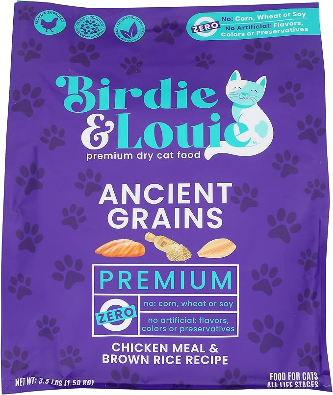 Birdie & Louie Chicken Meal & Brown Rice Recipe Dry Cat Food, Ancient Grains, Preservatives Free, 3.5 LB (Pack of 4)