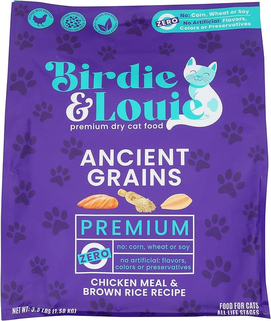 Birdie & Louie Chicken Meal & Brown Rice Recipe Dry Cat Food, Ancient Grains, Preservatives Free, 3.5 LB (Pack of 4)