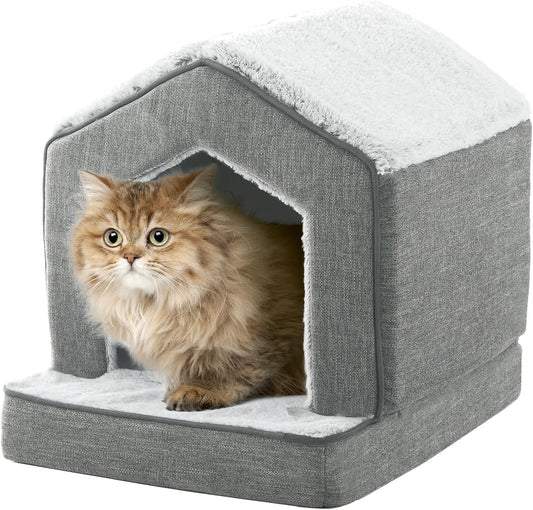Orthopedic Cat Houses for Indoor Cats,Small Dogs,Super Soft Cat Bed Cave,Condos, Cubes,Cat Hideaway,Covered,Cat Bed for Kitty Small Medium Large Pet (Gray, 18" L x 15" W x 17" Th)