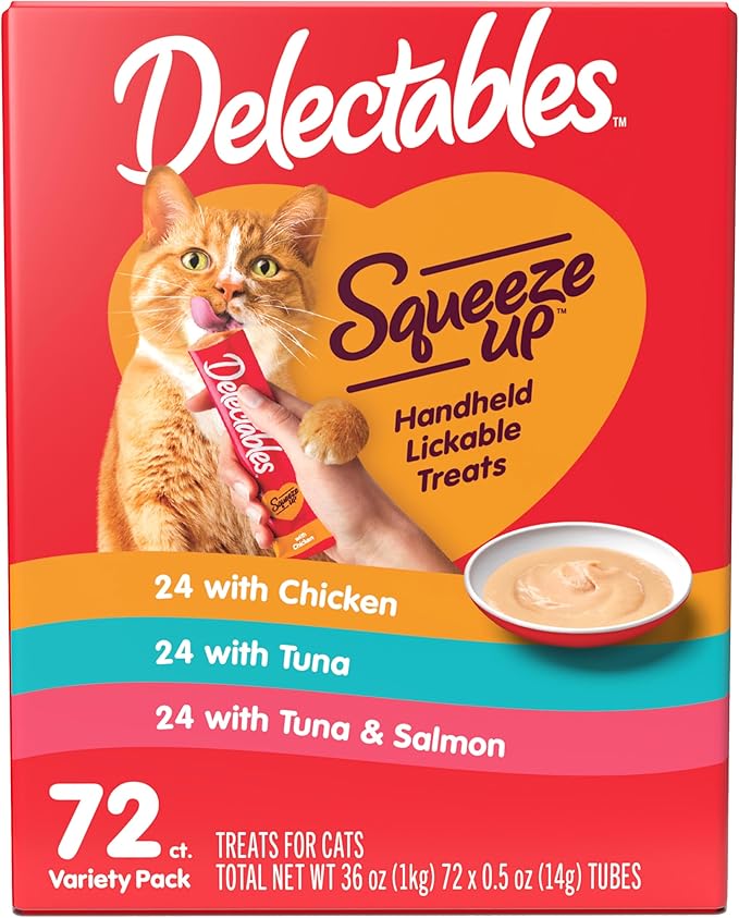 Delectables Squeeze Up Variety Pack, Creamy Squeezable Puree, Lickable Wet Cat Treats, Grain Free, No Added Fillers, No by-Products, No Added Preservatives, 0.5 Ounces Tube, 72 Tubes Total