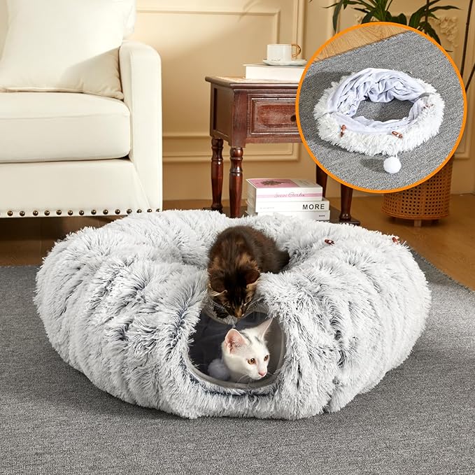 Cat Tunnel Bed for Indoor Cats Peekaboo Cat Cave Donut Tunnel for Cat with Washable Circle Cushion Interior Cat Play Tunnel (34 Inch, Grey)