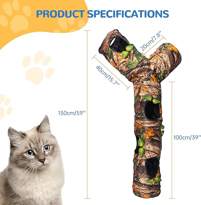 Cat Tunnel for Indoor Cat Large,Cat Bed Toy with Three Channels and Leaves,Y-Shape Cat Cave, Foldable Easy to Store,Suitable for Cats and Other Small Pets to Chase and Play, L 59",Brown