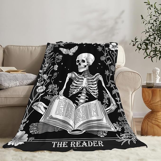 Reading Throw Blanket Ultra Soft Cozy Funny Skeleton Read Book Blanket Fleece Fuzzy Plush Skull Reading Lovers Reader Librarian Decor Gifts for Women Girls Adults Couch Sofa 80"x60"