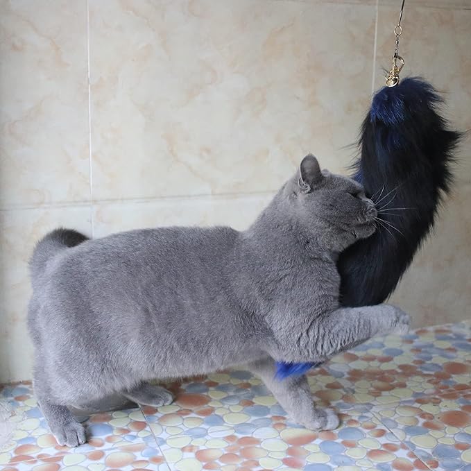 Fosrion Real Colored Yellow Silver Fox Tail Fur Hair Cat Bites Hunting Catching Accompanying Toy (Tanned Blue, Only Tail)