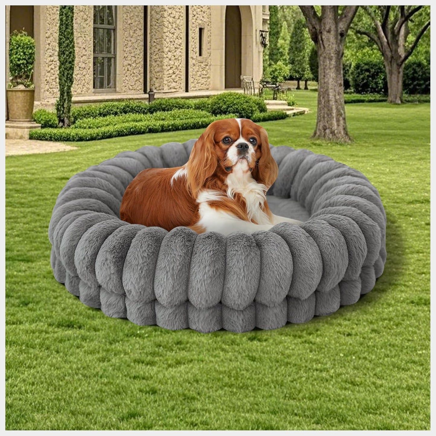 BALANCE Luxury Donut Dog Bed, 23 Inches Round Dog Beds for Small Dogs Washable, Orthopedic Calming Pet Bed for Puppy and Cats with Anti-Slip Bottom, Gray
