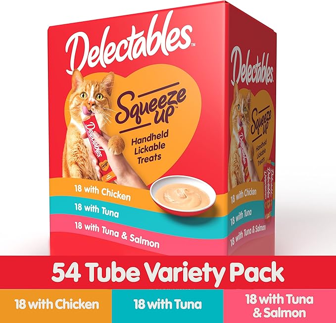 Delectables Squeeze Up Variety Pack, Creamy Squeezable Puree, Lickable Wet Cat Treats, Grain Free, No Added Fillers, No by-Products, No Added Preservatives, 0.5 Ounces Tube, 54 Tubes Total