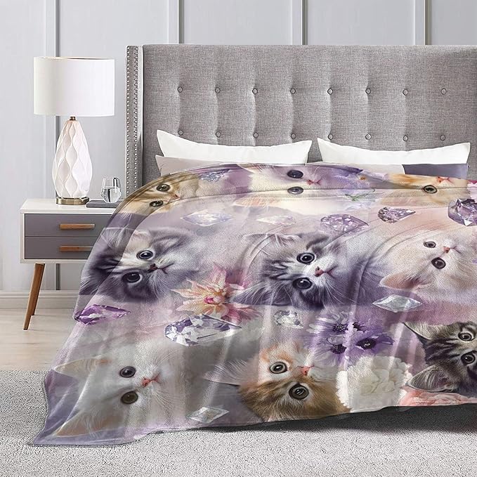 Kawaii Cat Blanket - Soft Cozy Kitten Plush Throw Blanket, Super Warm Fleece Fuzzy Bedding Blanket for Kids, Girls, Boys, Women Bed Decor Stuff, 40"X50"