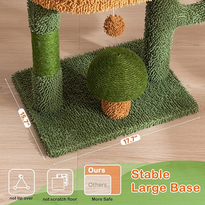 Cactus Cat Scratching Posts for Indoor Cats, Sisal Cat Scratcher with Play Ball, 20”Small Cat Tree Tower and Mushroom Scratch Post for Kitten, Green