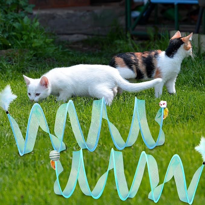2 Pcs Folded Cat Tube Tunnel Interactive Spring Cat Tunnel Toy for Indoor Cats Exercise, Cat Tunnel Bed for Kitten, Cat Donut Tunnel Whisker Twister with Feather Mouse Toys, Blue & Green
