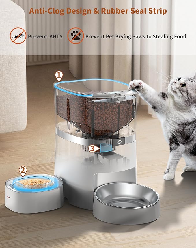 WellToBe Automatic Cat Feeder for Wet Food with Ice Pack and Freshness Dry Food Desiccant for Cats and Small Dogs, Timed Automatic Pet Feeder with Voice Recorder, 1-6 Meals Control, Dual Power Supply