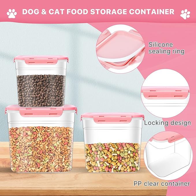 3 Pieces Animal Food Storage Containers, Plastic Dog Food Storage Container with Spoon, 4 Seal Buckles Pet Food Storage Containers for Dog Cat Treats(3.8 L+ 2.3L +1.2L)