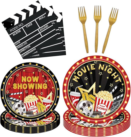 96 Pcs Movie Night Birthday Party Plates Napkins Forks Supplies Paper Tableware Set Disposable Table Movie Night Theme Snack Decoration for 24 Guests