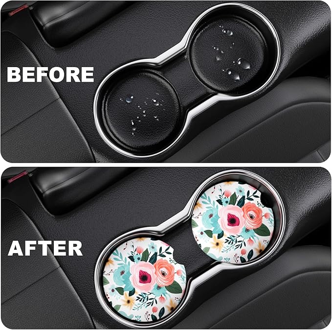 2 Pack Car Cup Holder Coaster, 2.63 inch Anti Slip Insert Absorbent Ceramic Car Coaster with Cork Base and Finger Notch, Cute Car Accessories Interior for Women, Cute Car Coasters., CH0025