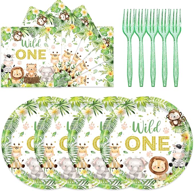 48Pcs Wild One Birthday Decorations Jungle Safari Theme Tableware Set Wild Animals Disposable Plates Napkins Forks Serves 16 Safari Baby Shower Decorations