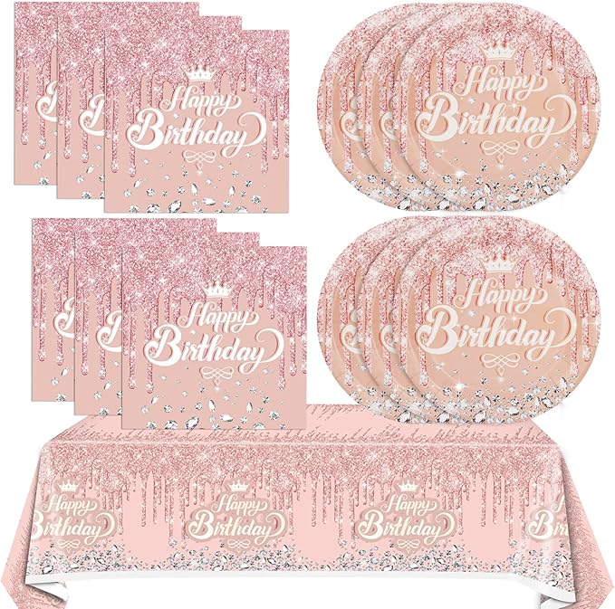 41Pcs Rose Gold Birthday Party Decorations - Pink Rose Gold Theme Supplies - Includes 20 Plates, 20 Napkins and 1 Tablecloth for Girls Women
